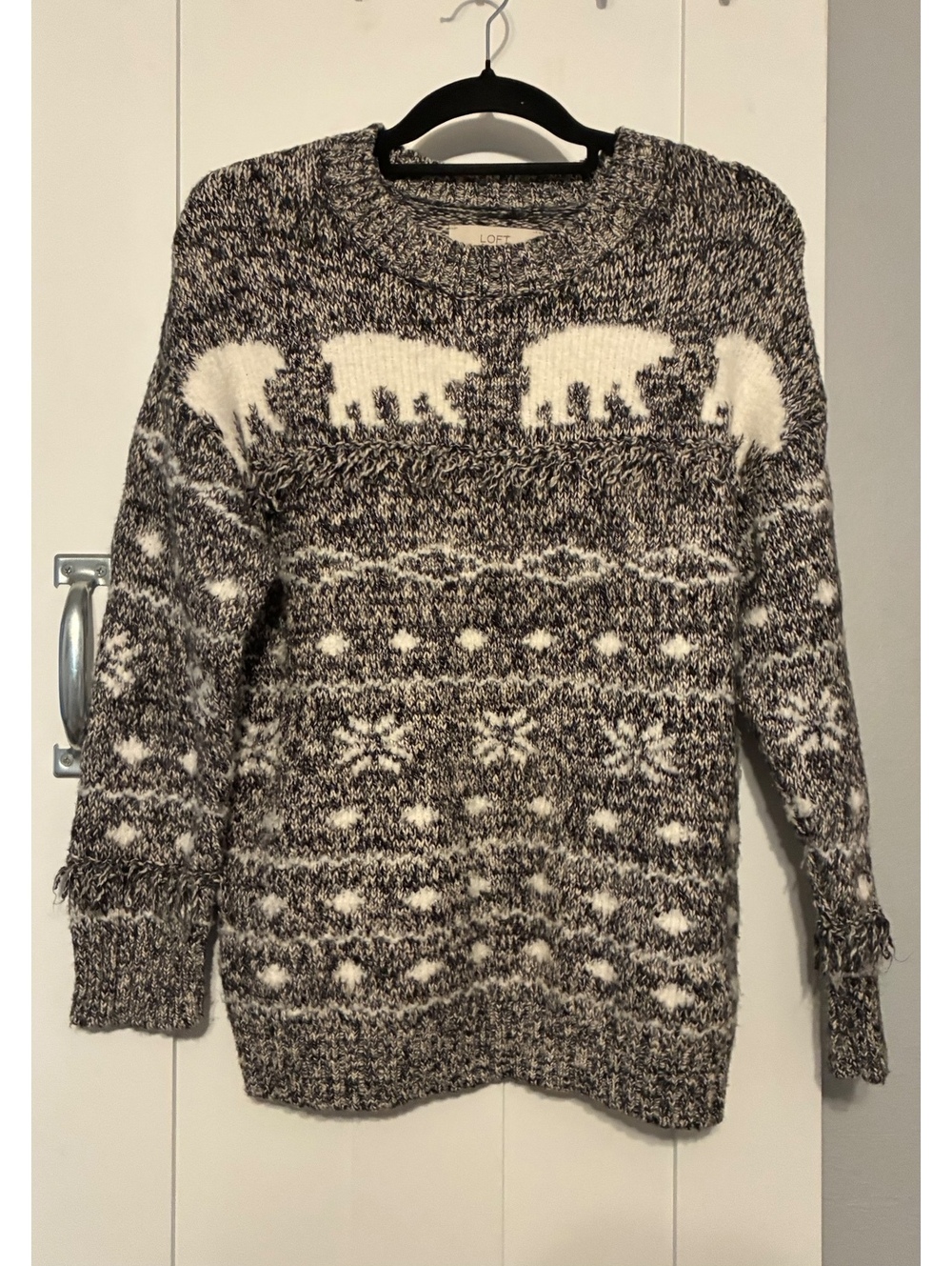 LOFT Women's Polar Bear Fair Isle Fringe Crewneck Sweater Size L